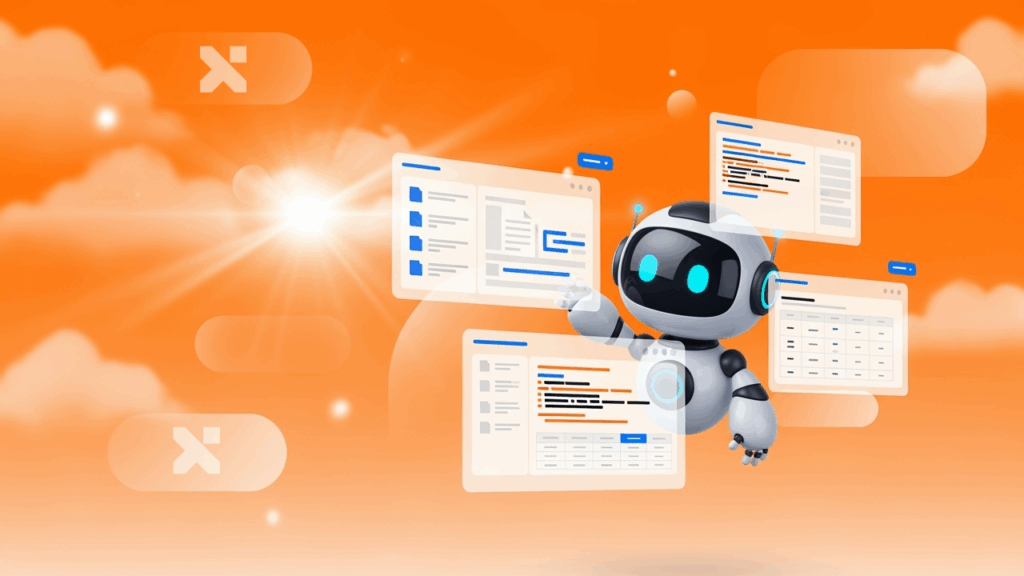 Xceed robot mascot floating in front of an orange gradient background, interacting with semi‑transparent WPF-style panels that show abstract document layouts, tables, and code snippets with blue highlights, conveying fast, streamlined data entry with Toolkit Plus.