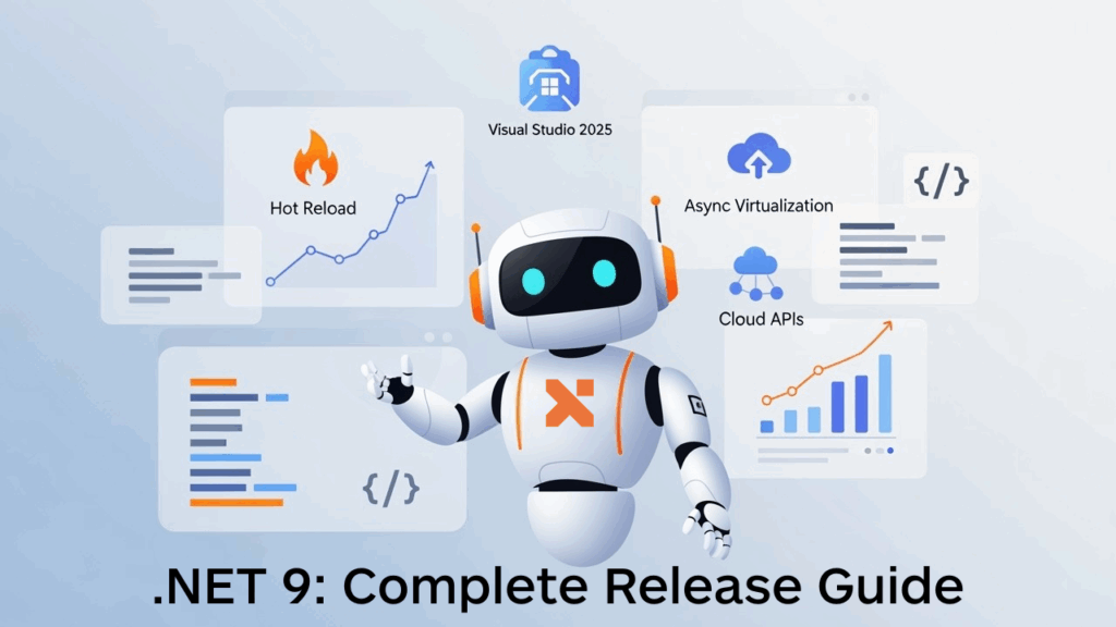 Xceed mascot surrounded by floating UI windows, stylized charts, and code snippets, highlighting .NET 9 release features.