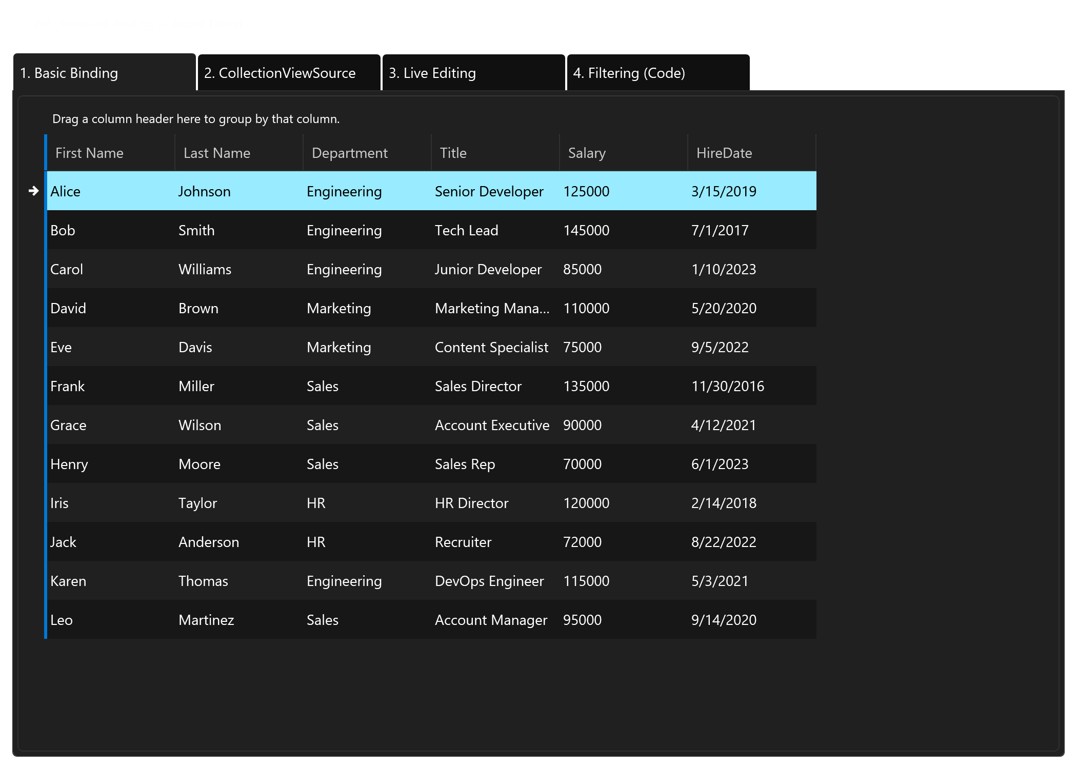 WPF DataGrid binding example showing employee data in Xceed DataGridControl with TableflowView