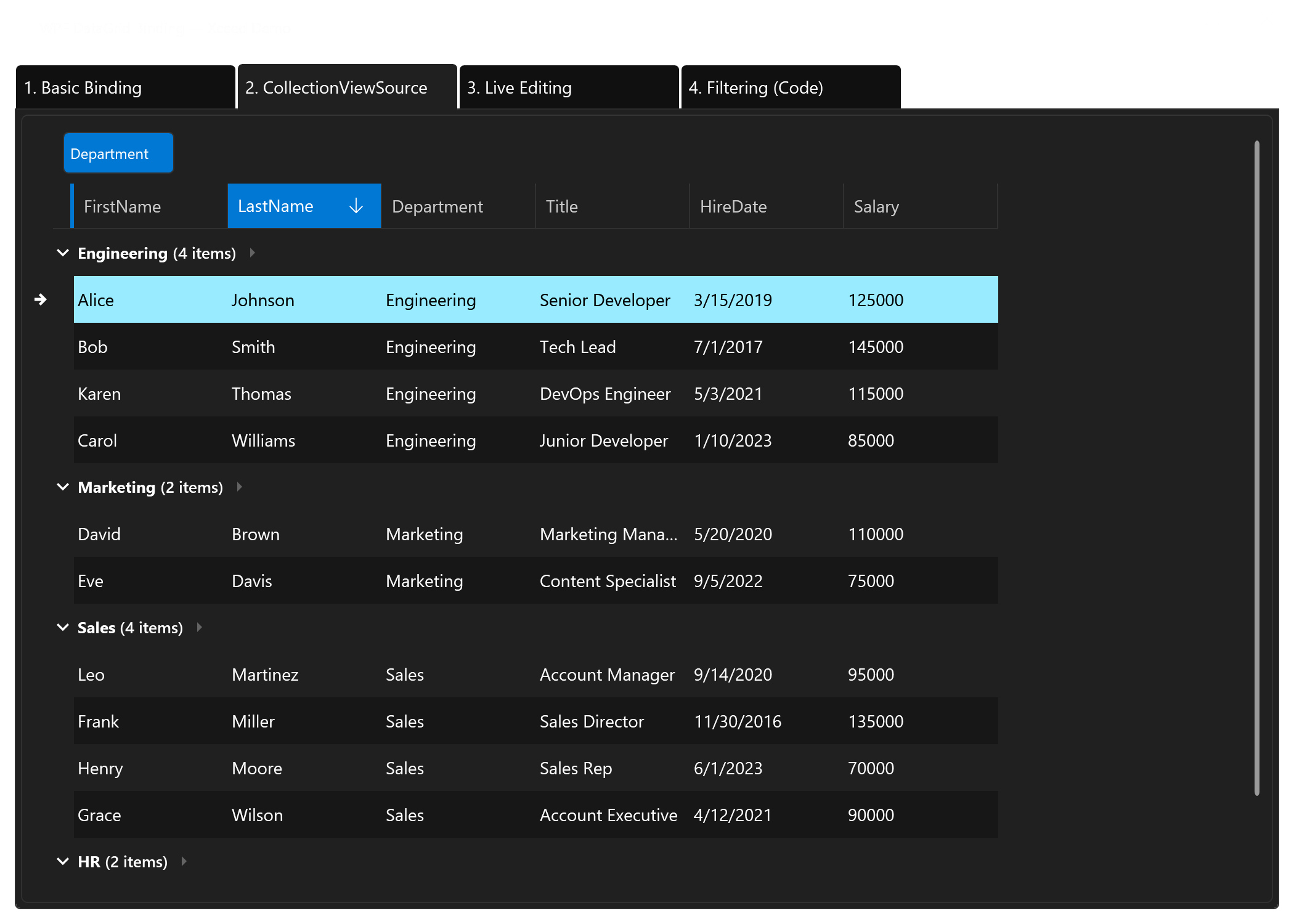 WPF DataGrid grouped and sorted by department using DataGridCollectionViewSource