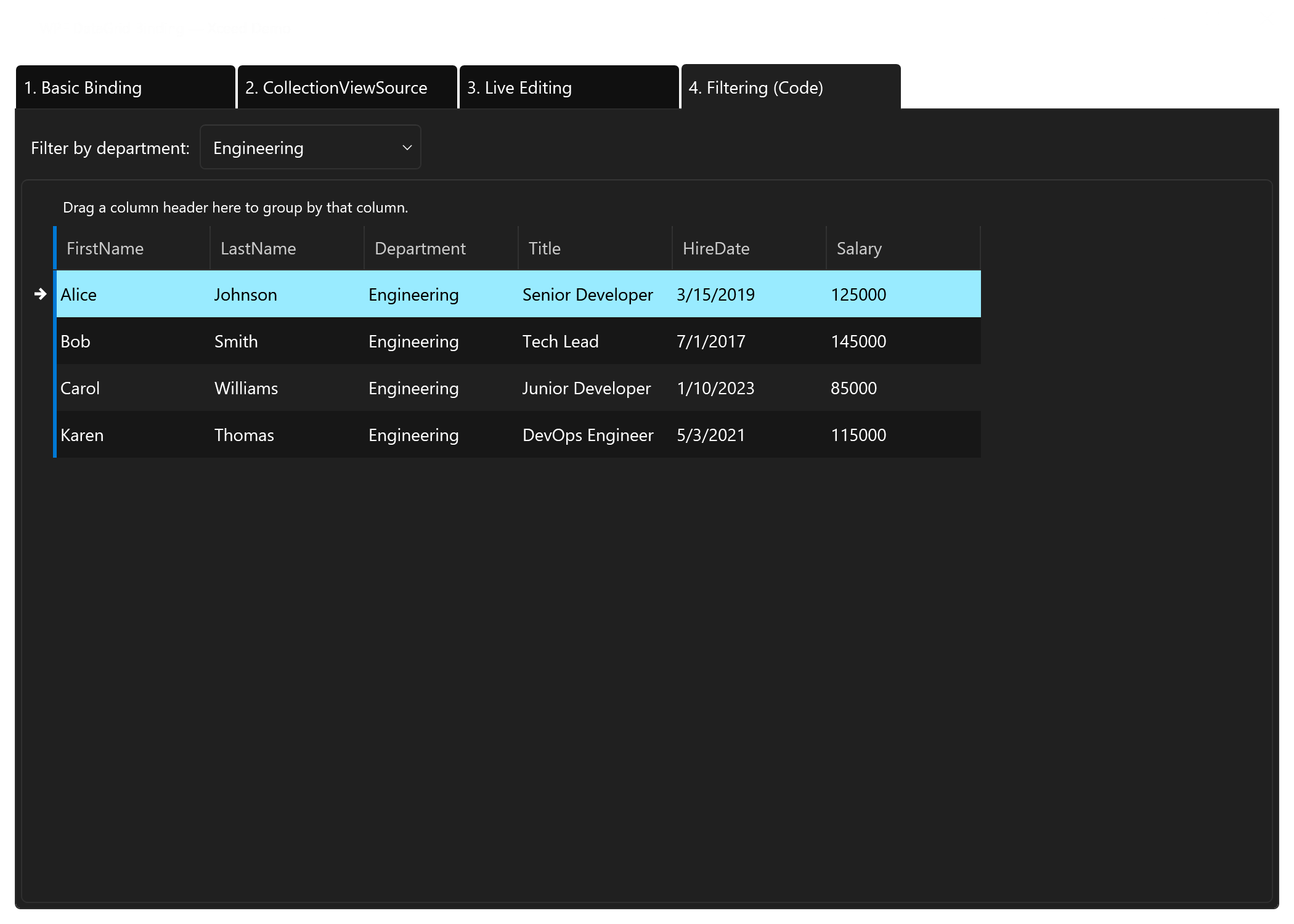WPF DataGrid filtered by department using DataGridCollectionView